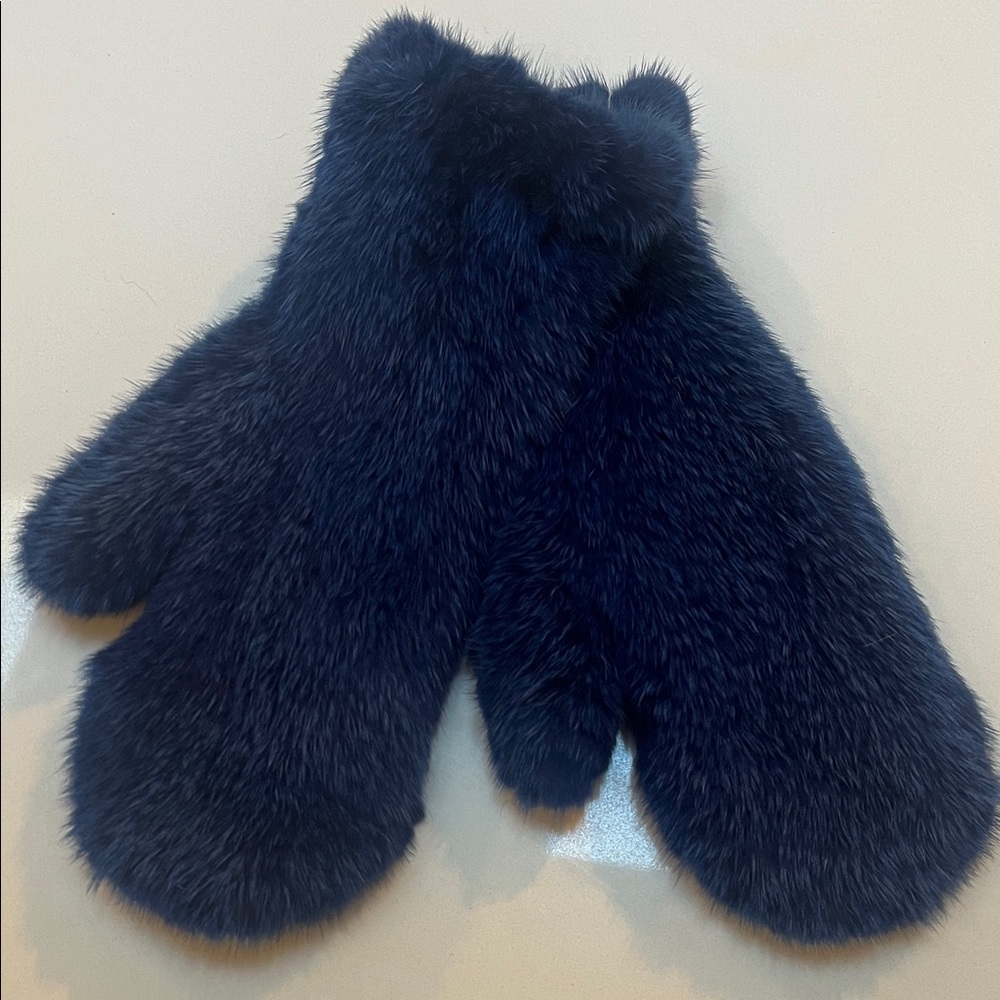 Faux Fur Mittens in Dark Blue